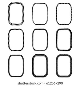 Vector set of rectangular black monochrome rope framework. Collection of thick and thin borders isolated on white background, consisting of braided cord. For decoration and design in nautical style.