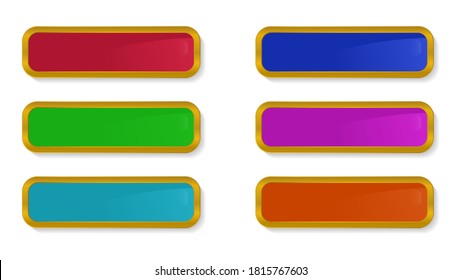 Vector set of rectangular buttons with rounded edges of different colors with a gold frame with shadows and highlights.