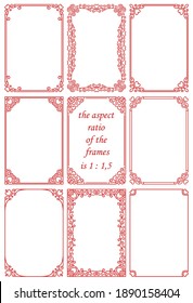 Vector set of rectangular frames in vintage art deco style with red hearts.Beautiful ornament, romantic pattern for design of Valentine's day card, invitation, banner, greeting, gift, wedding card