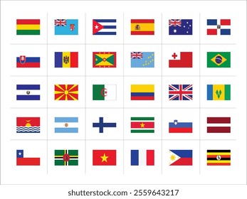 Vector set of rectangular icons. Flags of all countries and continents of the world. Vector Icon Set of Rectangular Flags Representing All Countries and Continents Around the World