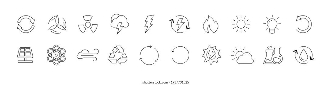 Vector set of recyclable materials thin line icons. Design of 20 stroke pictograms. Recyclable materials signs isolated on a white background.