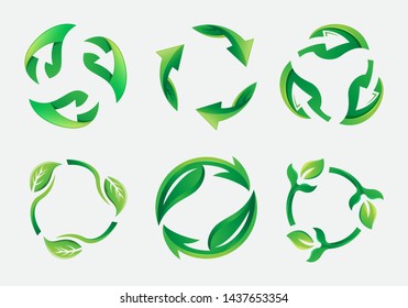 Vector set of  Recycle eco logos, Reecycle arrows symbol, recycle leaf logo design,  Recycle eco icon set