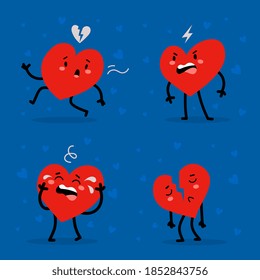 Vector set of red adorable heart character in different poses with cry and sad emotions on blue background. Romantic flat style Valentine's Day illustrations to express feelings of love