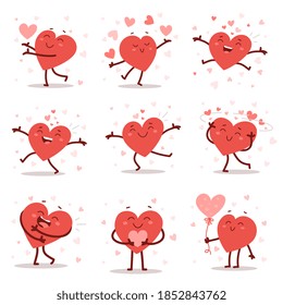 Vector set of red adorable heart character in different poses with happy emotion on white background. Romantic flat style Valentine's Day illustrations to express feelings of love