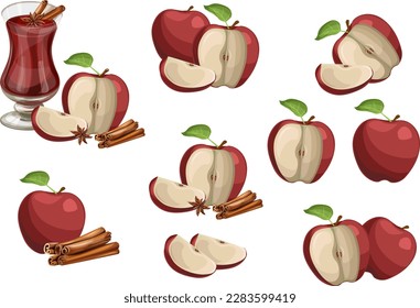 Conjunto vectorial de manzanas rojas, colección de vida residual cortada, manzanas naturales enteras y cortadas con hojas y tallos verdes aisladas en fondo blanco. Estilo de dibujos animados.eps 10