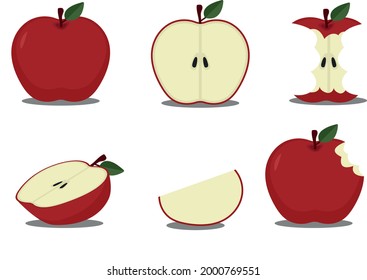 Vector set of red apples - Whole apple, cut, bitten and in pieces - Apple with seed