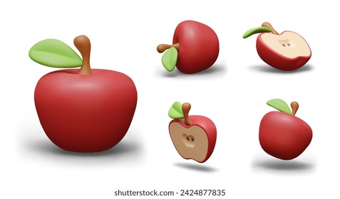 Vector set of red apples. Whole fruit and half in different positions