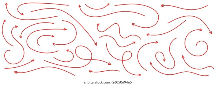A vector set of  red arrows pointing in different directions. Hand drawn, doodle elements isolated on white background.