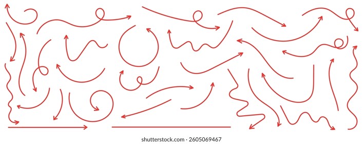 A vector set of  red arrows pointing in different directions. Hand drawn, doodle elements isolated on white background.