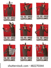 Vector set of red banners with cartoon images of spies in black coats performing different actions with different attributes in the hands on white background. Inscription "You are under surveillance".