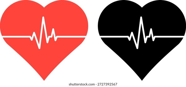 Vector Set of Red and Black Heart Silhouettes with White EKG Pulse Line for Medical Health, Cardiology, and Wellness Design