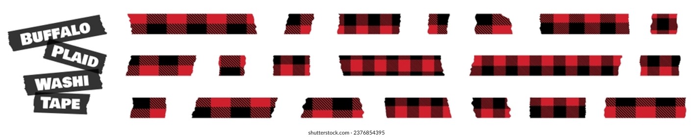 Vector set with red and black lumberjack buffalo plaid Christmas torn stripes of adhesive paper tape for scrapbooking and holiday decoration