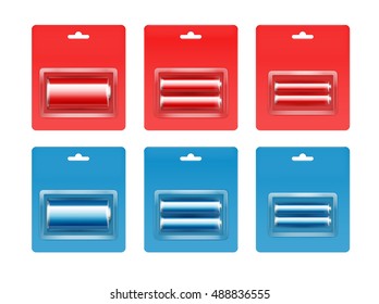 Vector Set of Red Blue Cyan Glossy Alkaline AA, AAA, C Batteries in Red Blue Blister Packed for branding Close up Isolated on White Background