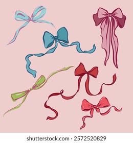 Vector set of red, blue, green and pink bows. Hand-drawn gift bow isolated on pink background. Holiday illustration for design, print, fabric or background.