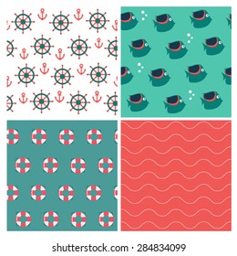Vector set of  red and blue nautical seamless patterns
