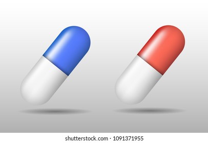 Vector set of red and blue pill with shadow 