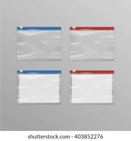 Vector Set of Red Blue Sealed Empty Transparent Plastic Zipper Bags Close up Isolated on Background