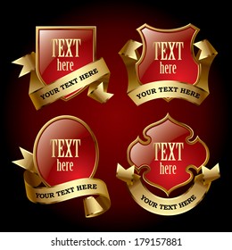 Vector set of red bordered emblems in the form of a shields and other geometrical figure with gold ribbons against a dark red background