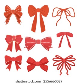 Vector set of red vector bows in a flat style isolation from background. Festive collection of ribbons for invitations and cards
