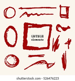 Vector set of red brush strokes. Grunge isolated elements. Grunge brushes for your design. Freehand. Watercolor splash. Acrylic stamp. Vector illustration.