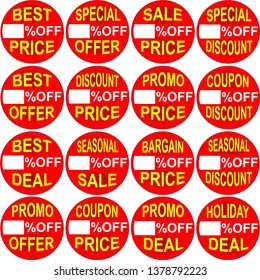 vector set of red business best price tag sticker for shopping discount offer with white promo sale copy space box and yellow special deal label illustration for shop sale goods and products catalogue