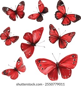 vector set of red butterflies, flying butterflies