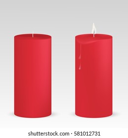 VECTOR: Set of red candles with and without flame on isolated white background. Mock-up template for design.