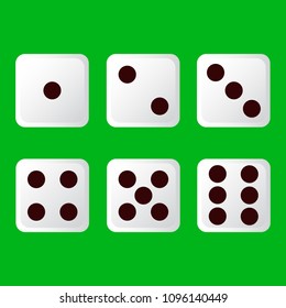 Vector set of red casino dice top view isolated on green poker table. Flat design, vector.