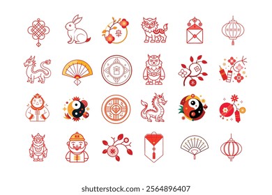 vector set of red Chines New Year  line  art illustration for Chines festival