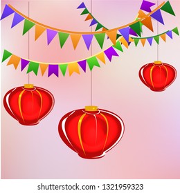 Vector set of red Chinese lanterns circular and cylindrical shape
