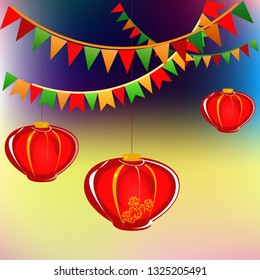 Vector set of red Chinese lanterns circular and cylindrical shape