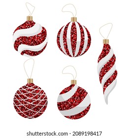 Vector set of red Christmas balls with sparkles isolated on white background.
