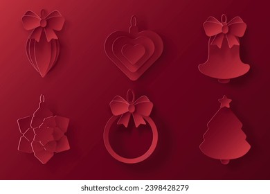 Vector set of red christmas paper cut 3d pendants on bordeaux colored background. Xmas design elements for presentation, banner, cover, web, flyer, card, sale, poster, slide and social media.	