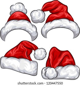 Vector set red Christmas Santa Claus hats isolated on white background