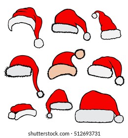 Vector set red Christmas Santa Claus hats isolated on white background