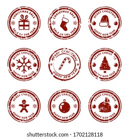 Vector Set Of Red Christmas Seal Stamps On Isolated White Background