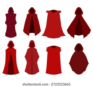 Conjunto vetorial de mangas vermelhas em vários estilos. Uma coleção de roupas de feiticeiro e mestre escuro para jogos e arte conceitual.