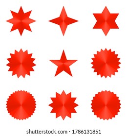 Vector set of red color icons. Star or flowers with rays. Starburst shape designs, background pattern for text, sticker, promo, label, badges, sunburst promotion tag, star button art illustration 