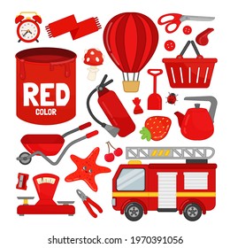 Vector set of red color objects. Learn red color. Illustration of primary colors.
