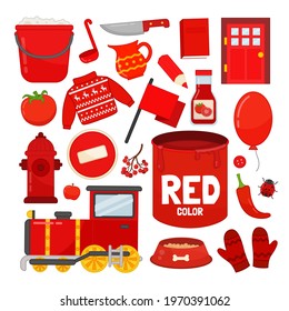Vector set of red color objects. Learn red color. Illustration of primary colors.
