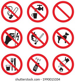 Un vector de señales de prohibición tachadas de rojo. electricidad, perros, fumar, fósforos, fuego, comida, teléfono