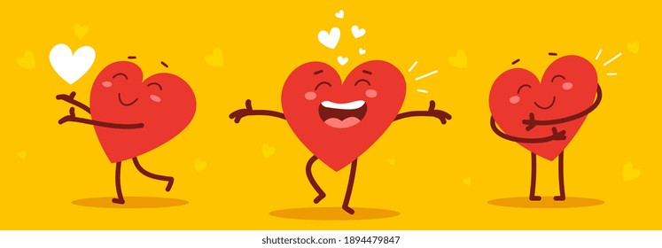 Vector set of red cute heart character in different poses with happy emotions on yellow background. Romantic flat style Valentine's Day illustrations to express feelings of love