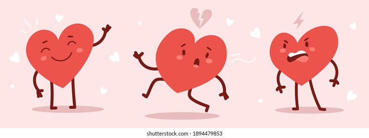 Vector set of red cute heart character in different poses with happy and angry emotions on pink background. Romantic flat style Valentine's Day illustrations to express feelings of love