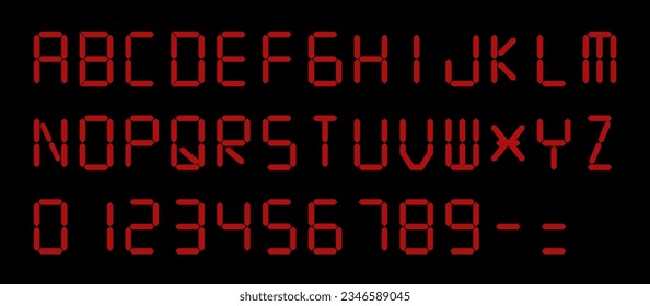 Conjunto de vectores: Fuente de pantalla digital roja con letras de reloj de alarma, alfabeto electrónico, símbolos de calculador retro, caracteres de monitor LCD y dígitos de marcador.