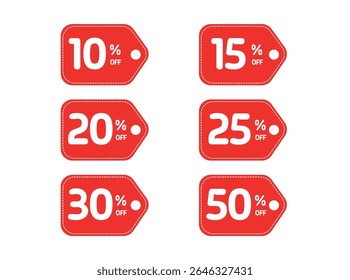 Conjunto de Vector Rojo Descuento Etiquetas de Cupón 10% 15% 20% 25% 30% 50% de descuento.
Conjunto de etiquetas de Cupón de descuento Etiquetas de venta rojas.