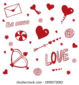 Vector set with red doodles to Valentine's day. Set of love doodle elements set isolated on white background, hand drawn vector illustration. Vector EPS 10