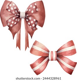 Vector Set of red double gift bow, pink double gift bow in watercolor style. Template for gift decoration, greeting cards, invitation, wedding card, save the date, celebration, anniversary, birthday.