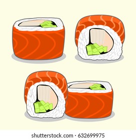 Vector set of red dragon uramaki sushi roll with salmon fish, cucumber, avocado, cream cheese and japanese omelette from different angles isolated on a light background.