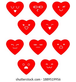 Vector set with red emoji hearts on a white background. For festive postcards design, icons, avatars, packages, wallpapers, decorations, stickers and print