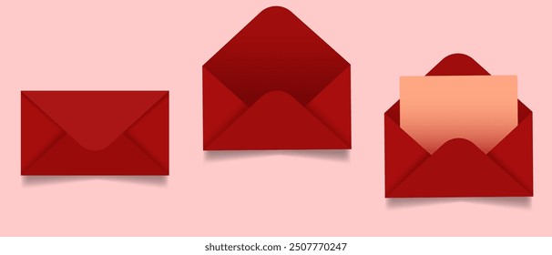 Vector set of red envelopes in different positions, with a letter inside. Folded and unfolded envelope isolated on a white background. Letter for Valentine's Day. EPS 10